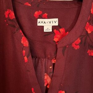 Ava & Viv Burgundy Top with Red Floral Pattern